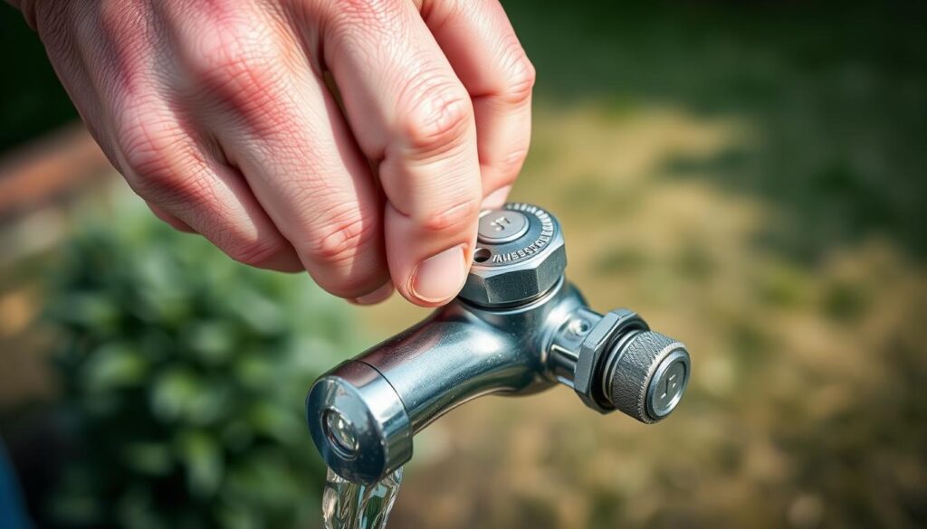 A close-up view of a person's hands turning off the water supply valve on an outdoor faucet. The hands are gripping the valve handle firmly, with the fingers visibly tensed. The faucet is made of shiny metal, casting slight reflections. The background is blurred, but suggests a neatly landscaped yard or garden setting, conveying a sense of safety and control. The lighting is natural, with soft shadows falling across the scene. The overall mood is one of focused attention and preparedness, setting the stage for a successful DIY repair.