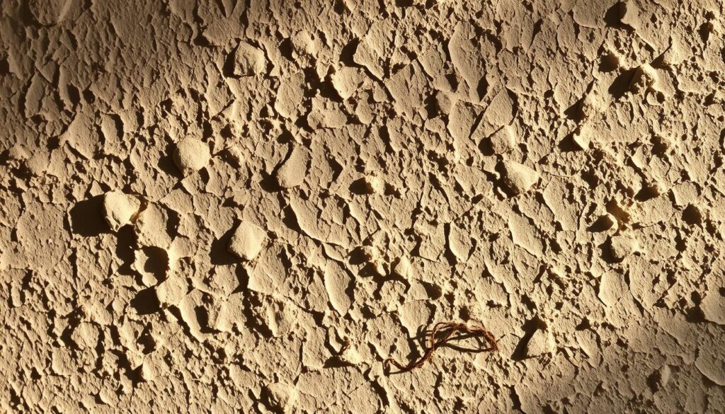 A close-up view of a textured plaster wall, its surface blistered and bubbling, revealing the layers of paint beneath. Warm, indirect lighting casts soft shadows, accentuating the irregular, organic patterns. The plaster has a weathered, aged appearance, with subtle cracks and imperfections adding to the sense of deterioration. The overall mood is one of subtle decay, inviting the viewer to examine the details of the damaged surface and consider the necessary steps for proper repair.