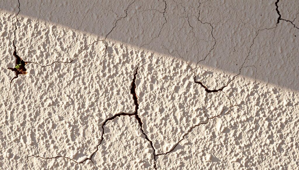A close-up view of a textured plaster wall, with bubbles and cracks forming a mesmerizing pattern. The surface has a slightly roughened, uneven texture, suggesting areas of damage and deterioration. Warm, natural lighting filters in, casting soft shadows and highlights that accentuate the imperfections. The overall mood is one of decay and weathering, yet with a subtle sense of beauty in the imperfections. The image should serve as a detailed reference for the viewer to understand the specific nature of the plaster damage and the necessary steps for effective repair.