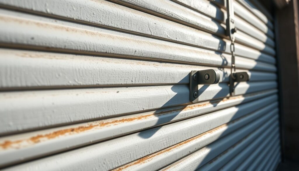 A close-up view of a white roller shutter garage door, its surface textured and weathered. The door is reinforced with sturdy metal brackets and hinges, clearly visible against the background. The lighting casts dramatic shadows, emphasizing the door's robust construction. The camera angle is slightly low, conveying a sense of security and protection. The overall mood is one of dependability and reliability, reflecting the reinforcement's purpose of enhancing the home's safety.