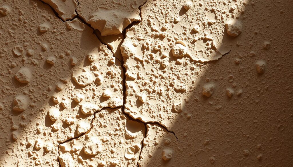 A close-up view of plaster wall with bubbling texture, showcasing the various stages of damage. The surface features a mottled pattern of raised, irregular bulges and cracks, capturing the uneven, distressed appearance. Warm, directional lighting from the side highlights the dimensional quality of the bubbles, casting subtle shadows that enhance the tactile, imperfect nature of the material. The composition emphasizes the foreground, allowing the viewer to examine the intricate details of the deteriorating plaster. A neutral, slightly muted color palette conveys a sense of age and weathering, setting an atmospheric, investigative tone suitable for the article's subject matter.