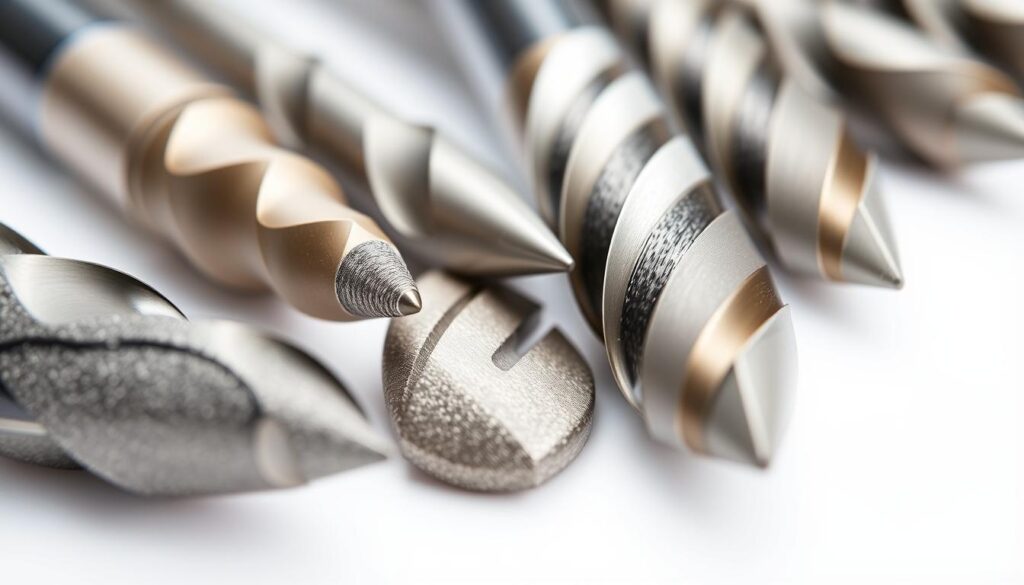 A close-up view of various drill bit coatings, displayed against a clean, white background. The coatings are arranged neatly, showcasing a range of materials such as titanium nitride, chromium nitride, and diamond-like carbon. The lighting is bright and diffused, highlighting the sheen and texture of each coating. The camera angle is slightly angled to provide a detailed, high-resolution perspective, allowing the viewer to appreciate the intricate details and subtle differences between the coatings. The overall atmosphere is one of precision, technicality, and the importance of selecting the right drill bit for the job.