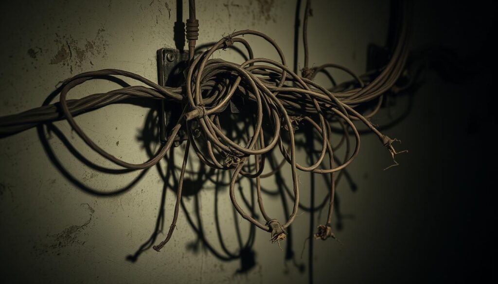 A cluttered tangle of outdated, frayed electrical wiring protrudes from a dilapidated wall, casting ominous shadows. The antiquated cables, their insulation cracked and discolored, twist and intertwine in a haphazard, potentially dangerous arrangement. The dim, flickering lighting casts an eerie, foreboding atmosphere, emphasizing the hazardous nature of this outdated electrical system. Dust and grime accumulate on the wires, further highlighting their age and neglect. The overall scene conveys a sense of imminent danger, underscoring the importance of proper wiring identification and replacement.
