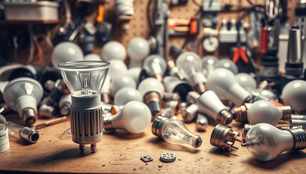A cluttered workbench with a variety of LED bulbs, converters, and halogen fixtures. The foreground features a GU10 halogen bulb and an LED converter, highlighting the compatibility issue. In the middle ground, a mix of different LED bulb types and fittings are scattered, representing the wide range of options. The background shows tools, wires, and other electrical components, creating a technical, problem-solving atmosphere. Soft, warm lighting illuminates the scene, emphasizing the challenge of finding the right LED replacement. The overall mood conveys a sense of confusion and the need to resolve the compatibility problem.