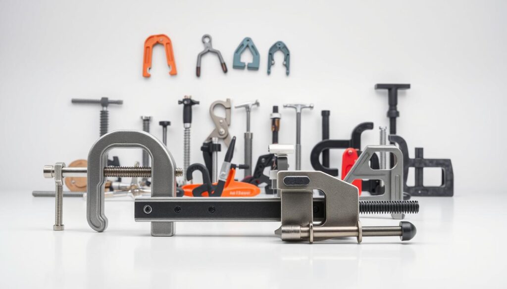A collection of professional-grade clamping tools arranged in a well-lit, studio-style setting. In the foreground, a sturdy C-clamp, a bar clamp, and a corner clamp sit atop a smooth, reflective surface, their metal bodies gleaming under the soft, even lighting. In the middle ground, a variety of specialized clamps, including spring clamps, G-clamps, and F-clamps, are displayed in an organized, visually appealing manner. The background features a plain, neutral-toned backdrop, allowing the tools to be the sole focus of the image. The overall composition conveys a sense of precision, functionality, and the essential nature of these clamping tools for accurate and secure workpiece preparation.
