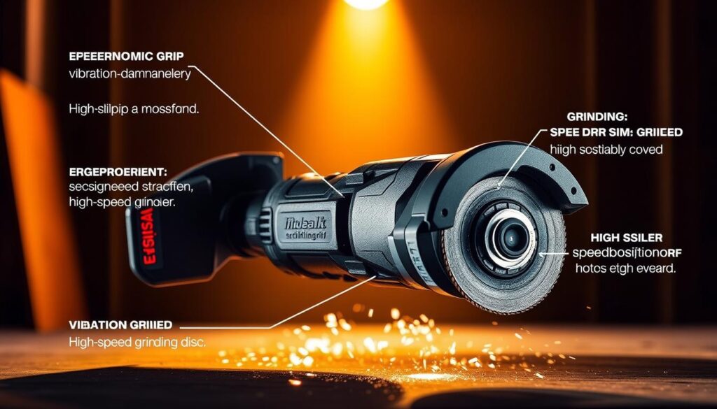 A cordless angle grinder with prominent safety features, illuminated by a warm, directional light source. In the foreground, the tool's body showcases ergonomic grip, vibration-dampening mechanisms, and a transparent guard. The middle ground highlights the high-speed grinding disc, shielded by a sturdy, adjustable cover. In the background, a minimalist, industrial-inspired setting emphasizes the grinder's rugged, yet refined design. The image conveys a sense of power, precision, and thoughtful safety considerations for the modern professional workshop.