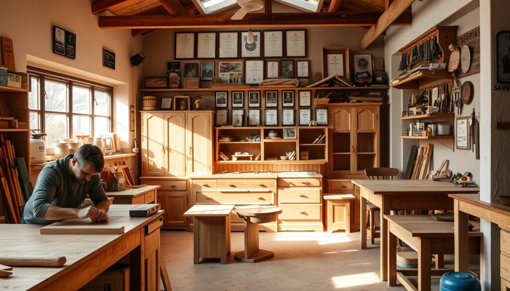 A cozy and inviting carpentry workshop in Southampton, with sunlight streaming through the windows and casting a warm glow on the various tools and workbenches. In the foreground, a skilled carpenter meticulously crafts a wooden piece, their hands moving with practiced precision. The middle ground showcases an array of custom-made furniture, including bespoke cabinets, shelves, and tables, all showcasing the carpenter's exceptional attention to detail and craftsmanship. In the background, a wall-mounted display features a range of certificates and awards, highlighting the trusted reputation and expertise of the carpentry services. The overall atmosphere conveys a sense of professionalism, quality, and a deep commitment to customer satisfaction.