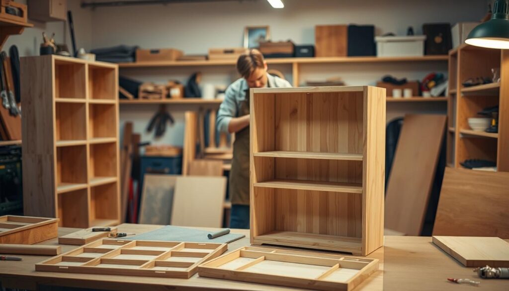 A cozy home workshop with a flat-pack bookcase in the foreground, its components laid out neatly on a workbench. In the middle ground, a person in a DIY apron carefully assembles the bookcase, tongue-and-groove joints being carefully fitted. The background shows shelves of tools and materials, a warm glow from overhead task lighting illuminating the scene. Soft shadows and a muted color palette evoke a sense of focused concentration and the satisfaction of a job well done.