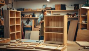 A cozy home workshop with a flat-pack bookcase in the foreground, its components laid out neatly on a workbench. In the middle ground, a person in a DIY apron carefully assembles the bookcase, tongue-and-groove joints being carefully fitted. The background shows shelves of tools and materials, a warm glow from overhead task lighting illuminating the scene. Soft shadows and a muted color palette evoke a sense of focused concentration and the satisfaction of a job well done.