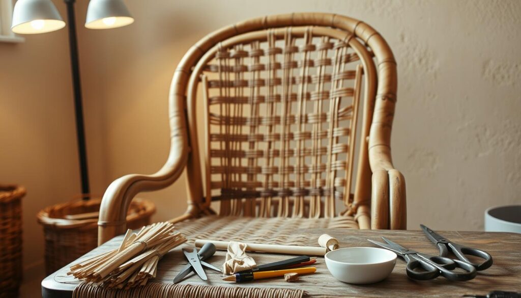 A cozy rattan chair with a natural, weathered appearance sits in a well-lit, rustic interior. Soft, warm lighting from overhead fixtures casts a gentle glow, highlighting the intricate woven pattern of the chair's backrest and armrests. The chair's seat has been carefully repaired, with new rattan strands expertly woven to blend seamlessly with the existing structure. In the foreground, various repair tools and materials, such as rattan splints, scissors, and a small bowl of adhesive, are neatly arranged, conveying a sense of care and attention to detail. The background features a neutral-toned wall, complementing the organic tones of the rattan, creating a serene and inviting atmosphere.