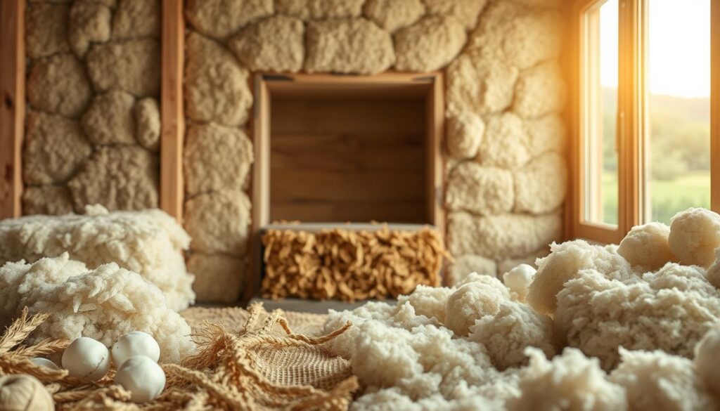 A cozy, well-lit interior showcasing an array of eco-friendly insulation materials. In the foreground, various swatches of natural fibers such as wool, hemp, and recycled cotton are arranged neatly. The middle ground features a cross-section of a wall cavity, highlighting the insulating properties of these sustainable options. In the background, a window provides a glimpse of a lush, verdant landscape, emphasizing the natural, environmentally-conscious theme. Soft, diffused lighting illuminates the scene, creating a warm and inviting atmosphere. The composition emphasizes the tactile qualities, performance, and environmental benefits of these insulation materials.