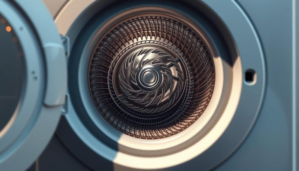 A cross-section of a tumble dryer's condenser coils, rendered in a high-resolution, technical illustration style. The coils are depicted in intricate detail, showcasing their complex spiral design and the intricate network of thin metal tubes. The scene is lit from the side, casting dramatic shadows that highlight the depth and texture of the coils. The background is a neutral, muted tone, allowing the coils to take center stage and emphasize their importance as a critical component of the tumble dryer's internal mechanics.