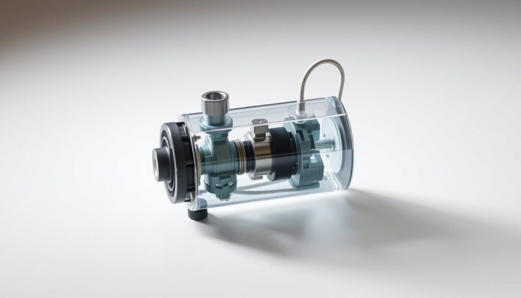 A cross-sectional view of a condensate pump float mechanism, illuminated by soft, indirect lighting. The mechanism is placed on a clean, neutral surface, allowing its intricate components to be the focal point. The float moves gracefully, its delicate motion captured in crisp detail. The pump's internal structure is revealed, showcasing the ingenious design that automates the process of removing excess moisture from an HVAC system. The prompt aims to provide a clear, technically accurate visualization to support the article's troubleshooting guide on common installation issues.