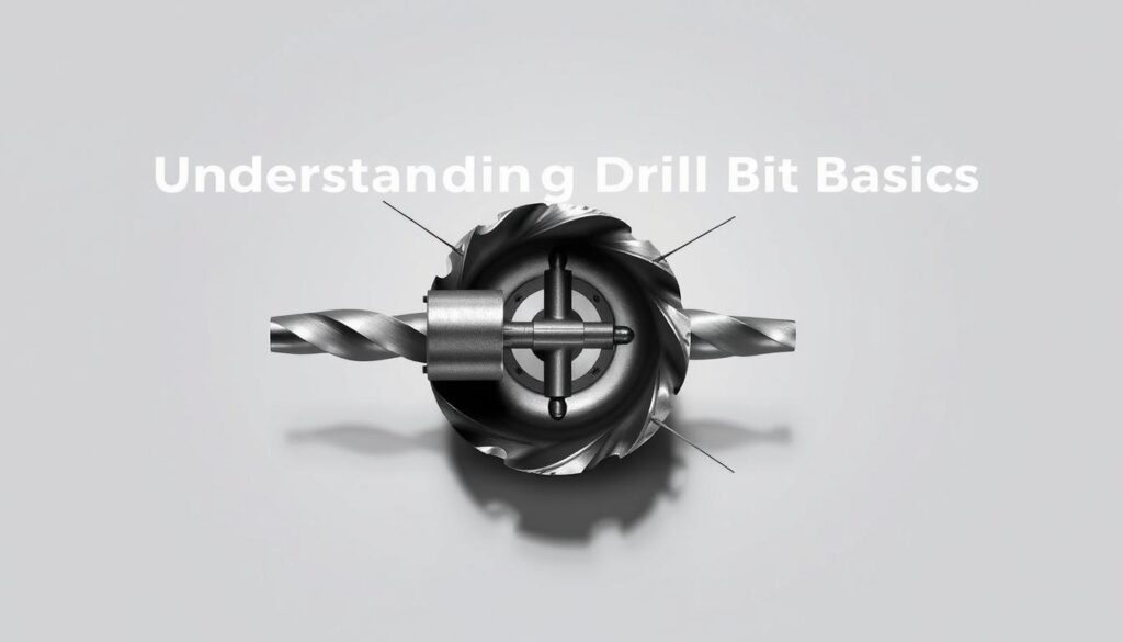 A detailed anatomical cross-section of a drill bit, rendered with precision and technical accuracy. The bit is positioned centrally, with a cutaway view revealing its internal structure. The tungsten carbide tip, spiral flutes, and central shaft are prominently displayed, showcasing the intricate engineering that enables efficient material removal. The image is lit from multiple angles, casting shadows that accentuate the bit's contours and mechanical components. The background is neutral, allowing the drill bit's form and function to take center stage, ideal for illustrating the "Understanding Drill Bit Basics" section of the article.