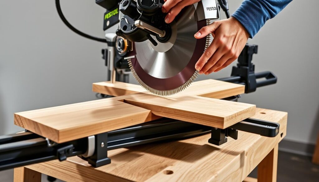 A detailed and realistic image of a Festool TS55 track saw in action. The saw is cutting through a wooden plank with precision, the blade gliding smoothly along the track. Bright, directional lighting illuminates the scene, casting dynamic shadows and highlighting the saw's metallic components. The wooden workpiece is firmly clamped to a sturdy workbench, ensuring a stable and controlled cut. The operator's hands are visible, guiding the saw with care and expertise. The background is a clean, uncluttered workshop setting, allowing the focus to remain on the powerful, efficient performance of the Festool TS55 track saw.