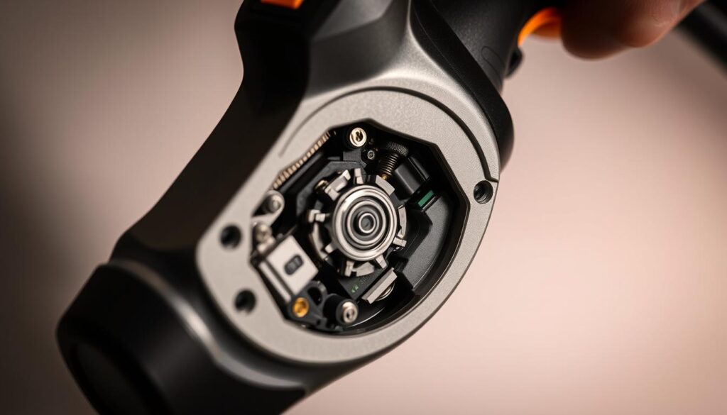 A detailed close-up of a cordless electric pruner, its sleek metallic body and ergonomic handles illuminated by soft, diffused lighting. In the middle ground, the pruner's inner mechanisms are visible, showcasing the intricate gears, motors, and electronic components that power its precision cutting action. The background is a blurred, neutral setting, allowing the focus to remain on the technical details of the device. The image conveys a sense of modern, high-tech gardening tools, highlighting the advanced engineering and compact design that define the latest cordless pruner technology.
