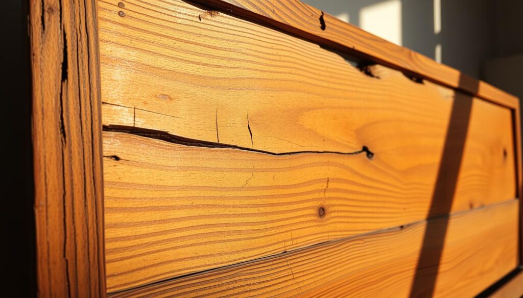 A detailed close-up of a damaged wooden headboard, showcasing cracks, splits, and signs of wear. The headboard is illuminated by warm, natural lighting, casting subtle shadows that accentuate the texture and grain of the distressed wood. The frame is slightly askew, hinting at the force that caused the damage. The composition focuses on the imperfections, capturing the nuances of the weathered surface in high resolution. The overall mood is one of studied examination, inviting the viewer to scrutinize the headboard and assess the extent of the damage.