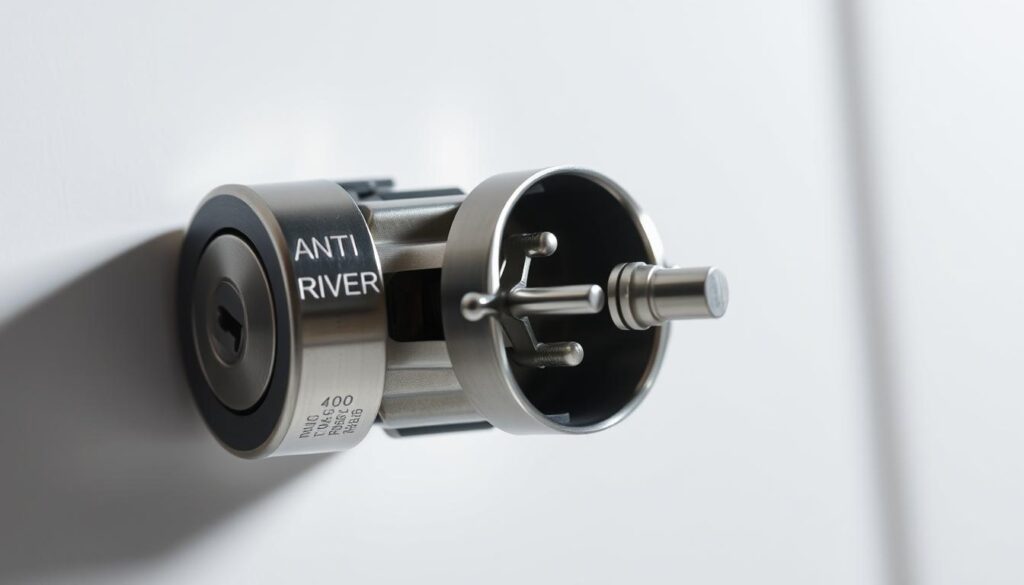 A detailed close-up shot of an anti-snap cylinder lock mechanism, showcasing its intricate inner workings and protective features. The cylinder is positioned against a clean, white background, illuminated by soft, directional lighting that casts subtle shadows and highlights the metal components. The image should convey a sense of security and resilience, emphasizing the device's robust construction and tamper-resistant design. The viewer should be able to clearly see the key pins, driver pins, and other essential elements that make the anti-snap cylinder an effective deterrent against forced entry.