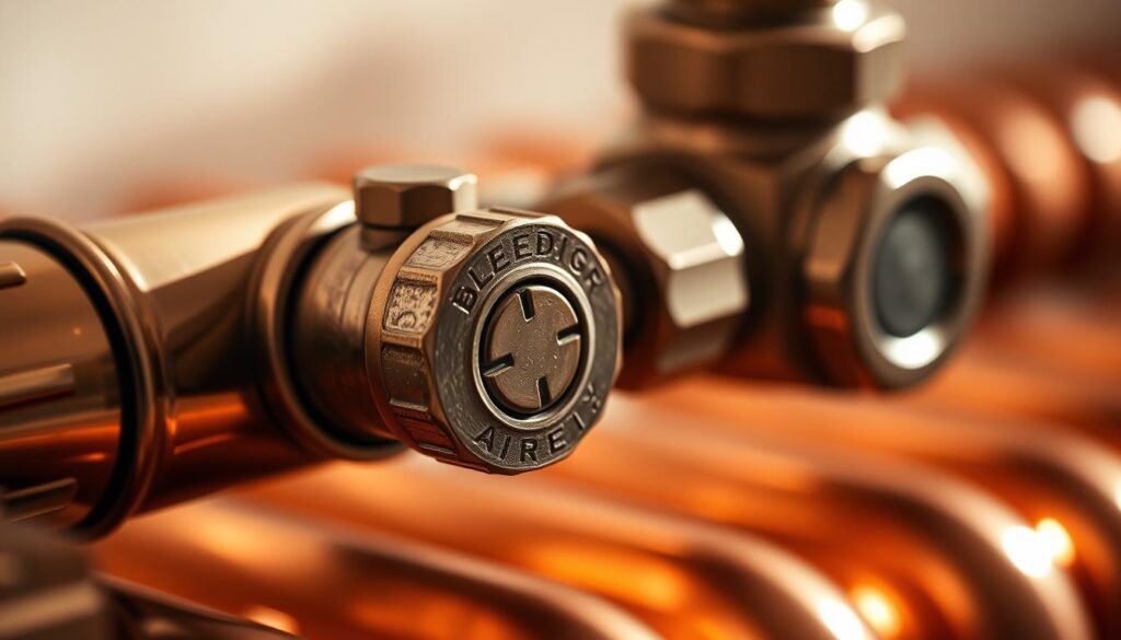 A detailed close-up view of a radiator valve, showcasing the bleed screw and surrounding mechanisms. The valve is mounted on a gleaming copper radiator, casting warm reflections. Soft, diffused lighting illuminates the scene, highlighting the intricate textures and subtle metallic sheen. The composition emphasizes the radiator valve as the focal point, allowing the viewer to clearly see the steps required to bleed air from the system. The overall mood is one of technical precision and functional elegance, reflecting the importance of this step in maintaining a well-functioning heating system.