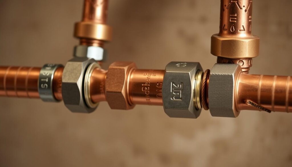 A detailed close-up view of a set of push-fit pipe connectors being installed on a copper plumbing pipe, showcasing the step-by-step process. The image should be well-lit, with a soft, warm lighting that accentuates the metallic surfaces and the smooth, interlocking mechanisms of the connectors. The camera angle should be slightly elevated, providing a clear, unobstructed view of the installation process. The background should be blurred, keeping the focus on the connectors and the pipe, creating a sense of depth and emphasizing the technical nature of the task. The overall mood should convey a sense of precision, professionalism, and the satisfying completion of a plumbing project.