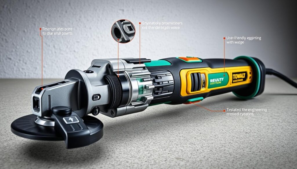 A detailed close-up view of an oscillating multi-tool, showcasing its key features in a well-lit, technical illustration. The foreground prominently displays the tool's head, blade, and various attachments, capturing their intricate design and functionality. The middle ground reveals the ergonomic handle, vibrant color scheme, and user-friendly controls. The background subtly fades into a neutral, textured surface, allowing the tool's engineering to take center stage. The lighting is soft, directional, and evenly distributed, accentuating the tool's precision components and creating a sense of professional, high-quality presentation.