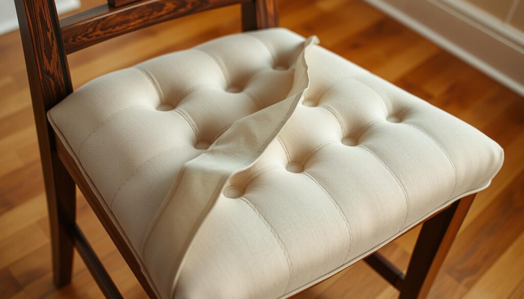 A detailed closeup view of a dining chair's seat, with the upholstery removed, revealing the interior frame and padding structure. The chair is positioned on a hardwood floor, with warm, directional lighting illuminating the textures and details of the exposed components. The image captures the various layers, including the chair's wooden frame, the foam cushion, and the tufted upholstery fabric that has been carefully peeled back, showcasing the process of upholstery removal. The composition emphasizes the technical nature of the task, with a focus on the practical steps involved in refurbishing a dining chair's seat.