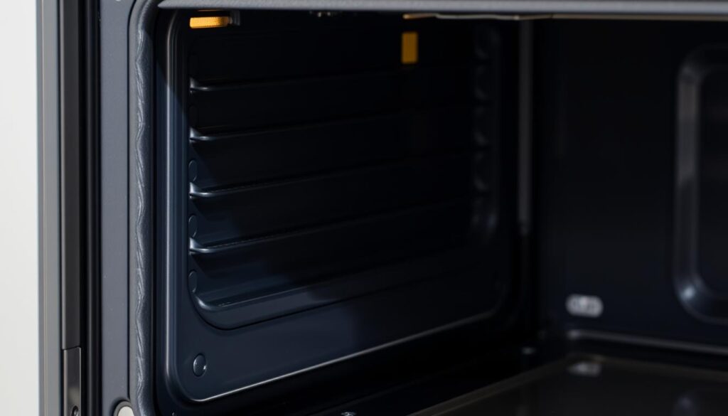 A detailed, closeup view of a partially open oven door, with the focus on the oven door gasket installation process. The gasket should be prominently featured, showing the steps involved in properly sealing the door. The scene should be well-lit, with a crisp, clean appearance, highlighting the technical aspects of the task. The background should be minimalist, with subtle textures or patterns to provide context without distracting from the main subject. The overall mood should convey a sense of instructional clarity and visual guidance for the viewer.