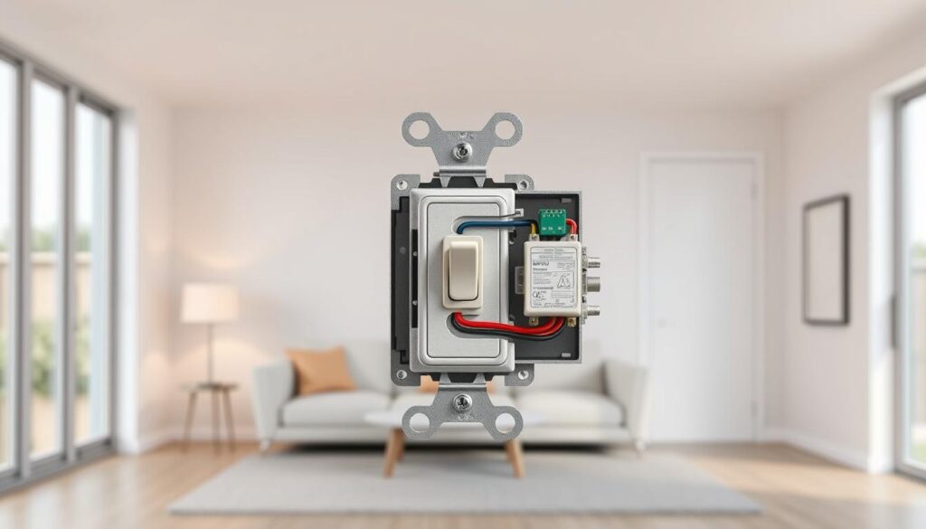 A detailed cross-sectional view of a three-way light switch in a modern home interior. The switch is prominently displayed, its components clearly visible - the toggle mechanism, electrical terminals, and wiring. The surrounding environment is a clean, well-lit room with neutral tones, providing context without distracting from the main subject. The lighting is natural, with soft shadows and highlights that accentuate the switch's textures and details. The camera angle is straight-on, allowing for a comprehensive understanding of the switch's structure and functionality. An educational, technical illustration to elucidate the workings of a three-way light switch.
