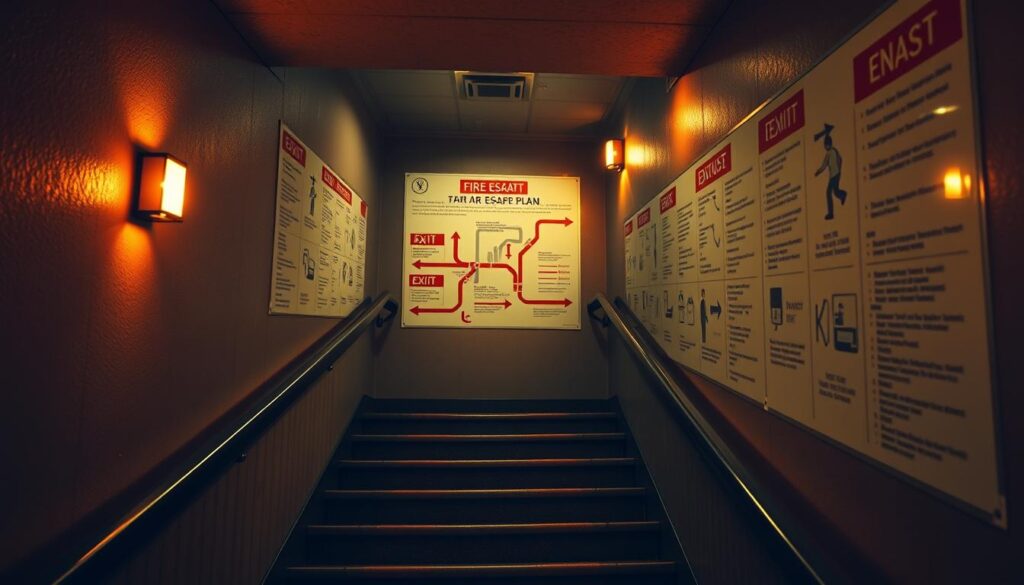 A detailed fire escape plan diagram in a dimly lit emergency stairwell, illuminated by warm, flickering lights. The staircase winds down with clearly marked exits and directions, with a central focus on the escape route map and instructions. The scene conveys a sense of urgency and preparedness, emphasizing the importance of having a well-defined fire evacuation plan for your home. The image is rendered with a photorealistic style, using a wide-angle lens to capture the full scope of the stairwell and escape plan details.