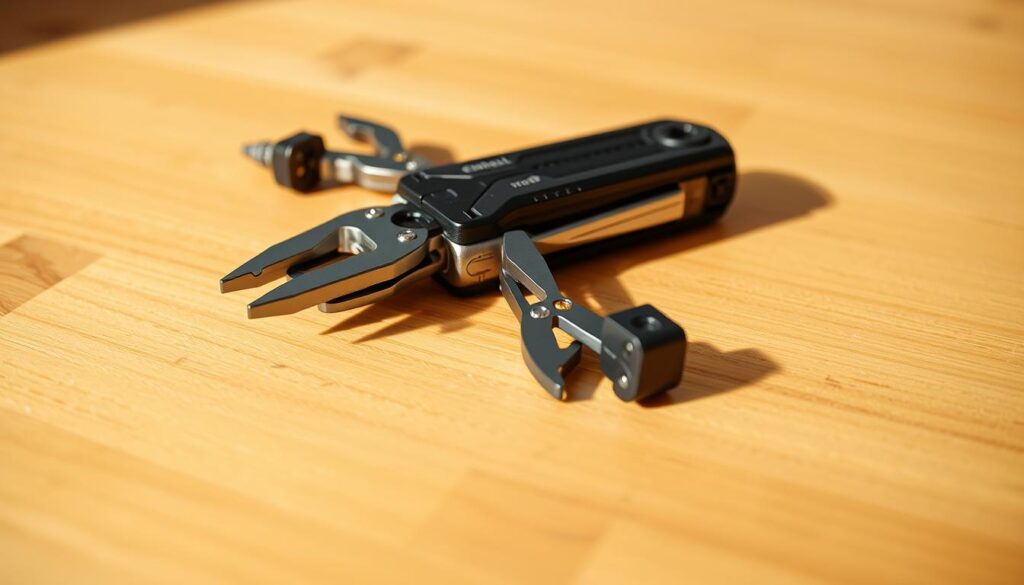 A detailed, high-quality close-up shot of the Einhell Power X-Change Multitool lying on a clean, well-lit wooden surface. The tool should be positioned prominently in the center of the frame, showcasing its sleek, modern design and various attachments. Capture the tool from an angle that highlights its key features and functionality, with a shallow depth of field to draw the viewer's attention to the multitool. Utilize a warm, natural lighting setup that casts subtle shadows and highlights the tool's textures and materials. The background should be simple and uncluttered, allowing the multitool to be the sole focus of the image.