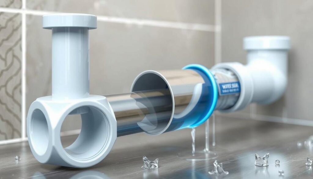 A detailed, high-quality digital illustration of a shower waste trap, showcasing its internal mechanism and construction. The trap is depicted in a cutaway view, revealing its intricate design. The foreground features the trap's vertical pipe and removable cover, highlighting the purpose of trapping water to prevent sewer gases from entering the bathroom. The middle ground showcases the trap's U-shaped bend and the water seal, illustrating how it functions to maintain a water barrier. The background shows the connection to the drain pipe, providing context for the trap's role in the overall drainage system. The scene is illuminated by soft, natural lighting, creating a clear and informative visual representation of the shower waste trap.