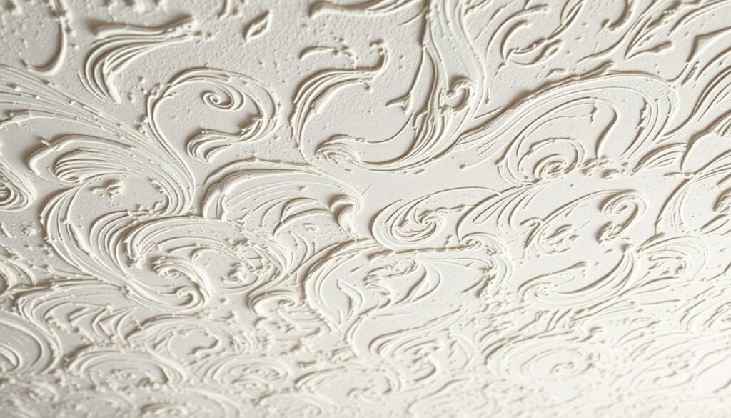 A detailed, high-resolution image of an Artex ceiling texture. The foreground features the intricate, swirling patterns of the Artex, with a tactile, slightly uneven surface. The middle ground reveals the subtle variations in the Artex material, with a mix of off-white and light beige tones. The background is a clean, bright, evenly-lit setting, allowing the Artex texture to take center stage. The lighting is soft and natural, casting gentle shadows that accentuate the depth and dimensionality of the Artex. The overall mood is one of understated elegance and craftsmanship, conveying the distinct visual character of this classic ceiling finish.