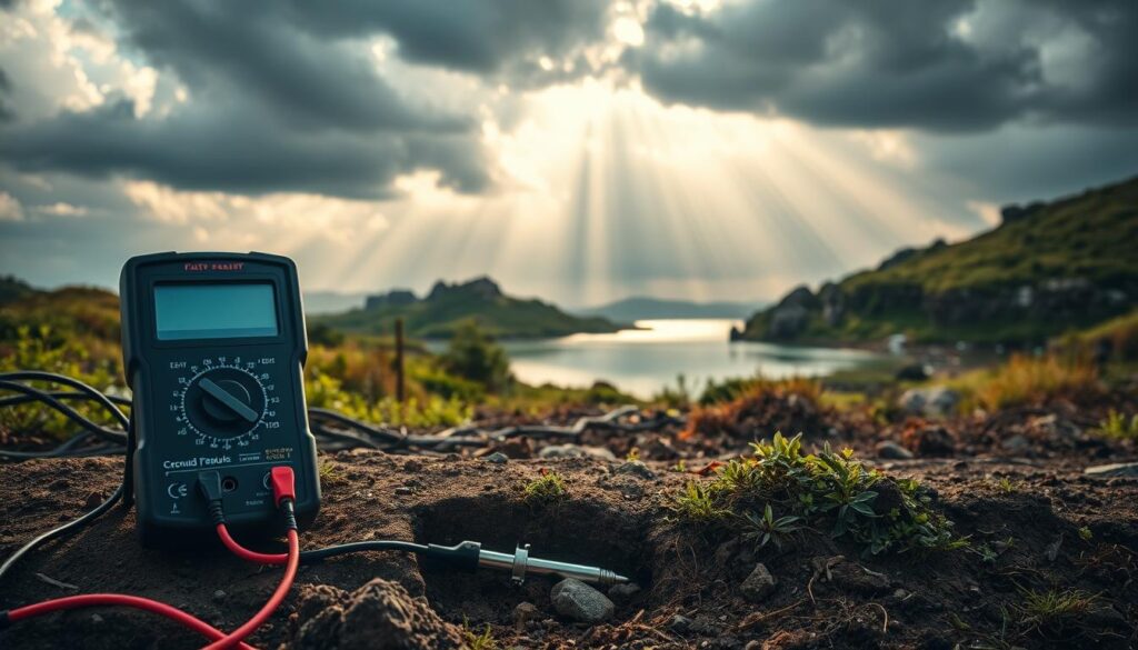A detailed, high-resolution image of an "earth fault location" scene. The foreground shows a multimeter with probes attached to an exposed section of buried electrical cable, indicating the precise location of a ground fault. The middle ground depicts the surrounding terrain, with lush vegetation, rocky outcroppings, and a calm, reflective body of water. The background features a dramatic, cloudy sky with beams of sunlight peeking through, creating a sense of depth and atmosphere. The lighting is natural and evenly distributed, with soft shadows and highlights accentuating the textures and details of the scene. The overall composition conveys a sense of technical precision, environmental harmony, and the challenge of locating and addressing earth faults in rugged, outdoor settings.