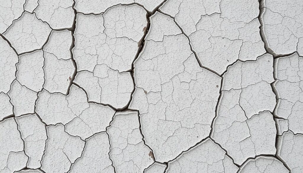 A detailed, high-resolution image of various patterns and cracks in a worn, weathered exterior plaster or render surface. The cracks should be visible in the foreground, with a varied texture and depth, capturing the nuances of damage and deterioration. The middle ground should display a wider perspective of the cracked surface, showcasing the distribution and interconnectivity of the cracks. The background should provide a sense of context, such as the surface of a building or wall, with subtle hints of the surrounding environment. Capture the scene with a clear, sharp focus, using natural, directional lighting to accentuate the shadows and textures of the cracks. Convey a sense of decay and the passage of time through the cracked, imperfect surface.
