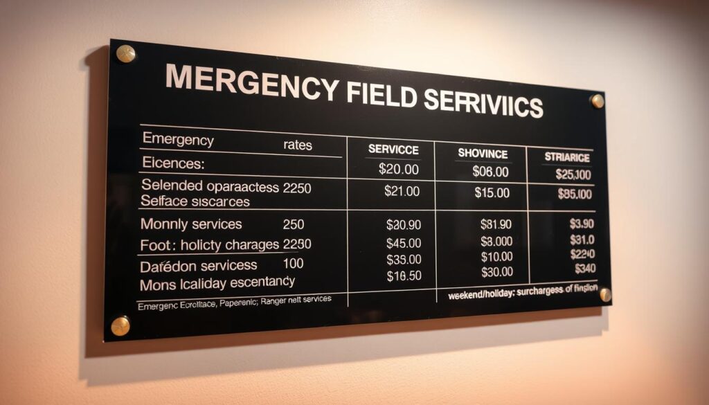 A detailed, highly polished signage board displaying the pricing structure for emergency electrical services. The board is mounted on a clean, white background, creating a minimalist, professional aesthetic. The text is set in a clear, legible font, with key information like hourly rates, call-out fees, and weekend/holiday surcharges prominently featured. The layout is well-organized, guiding the viewer's eye through the various service tiers and associated costs. Warm, directional lighting casts subtle shadows, adding depth and a sense of quality. The overall impression is one of transparency, reliability, and attention to detail, instilling confidence in the viewer.