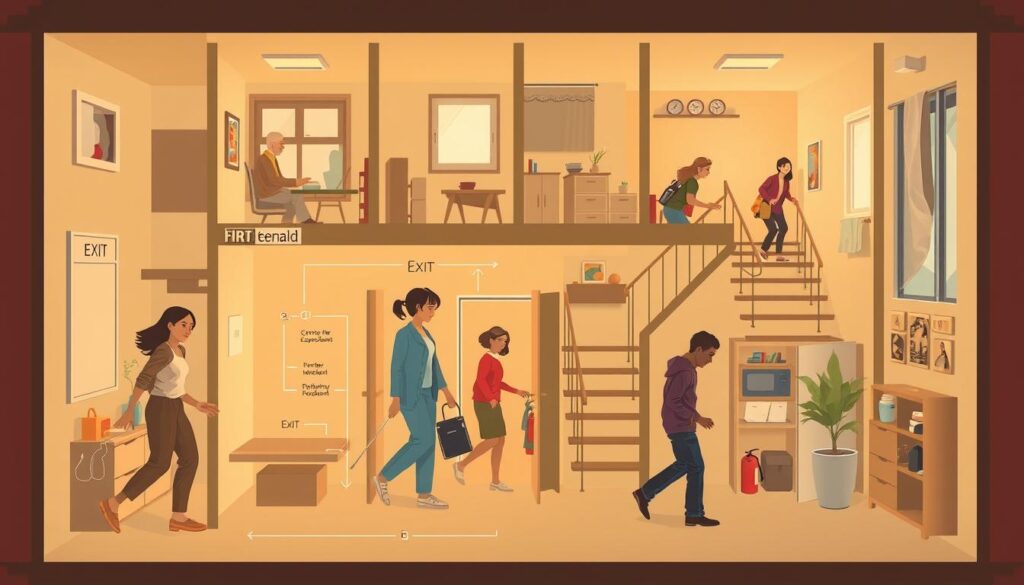 A detailed household fire-escape plan, meticulously illustrated. In the foreground, a house layout with clearly marked exits, stairs, and windows. Residents of all ages navigate the escape routes, their expressions focused and determined. The middle ground showcases essential fire safety equipment, such as extinguishers and alarms, strategically placed. The background features a warm, muted color palette, evoking a sense of security and preparedness. Soft, natural lighting illuminates the scene, emphasizing the importance of this crucial household plan. The composition is balanced, with a clean, technical aesthetic that conveys the professionalism and importance of this life-saving information.