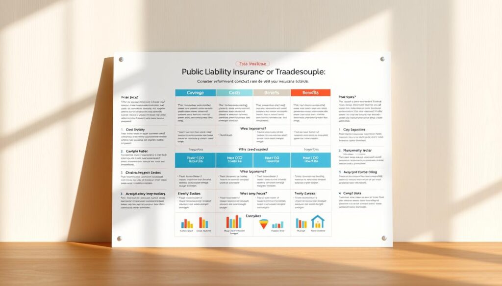 A detailed infographic showcasing the comparison of public liability insurance against other common insurance types for tradespeople. Centered on a clean white background, the foreground features colorful icons and charts illustrating the key differences in coverage, costs, and benefits. The middle ground displays neatly organized text blocks providing clear explanations. The background subtly incorporates textured lines and minimal geometric shapes, creating a professional, informative, and visually appealing composition. Warm, natural lighting casts gentle shadows, giving the image depth and a sense of solidity. The overall tone is one of clarity, authority, and practicality, tailored for the specified article topic and section.