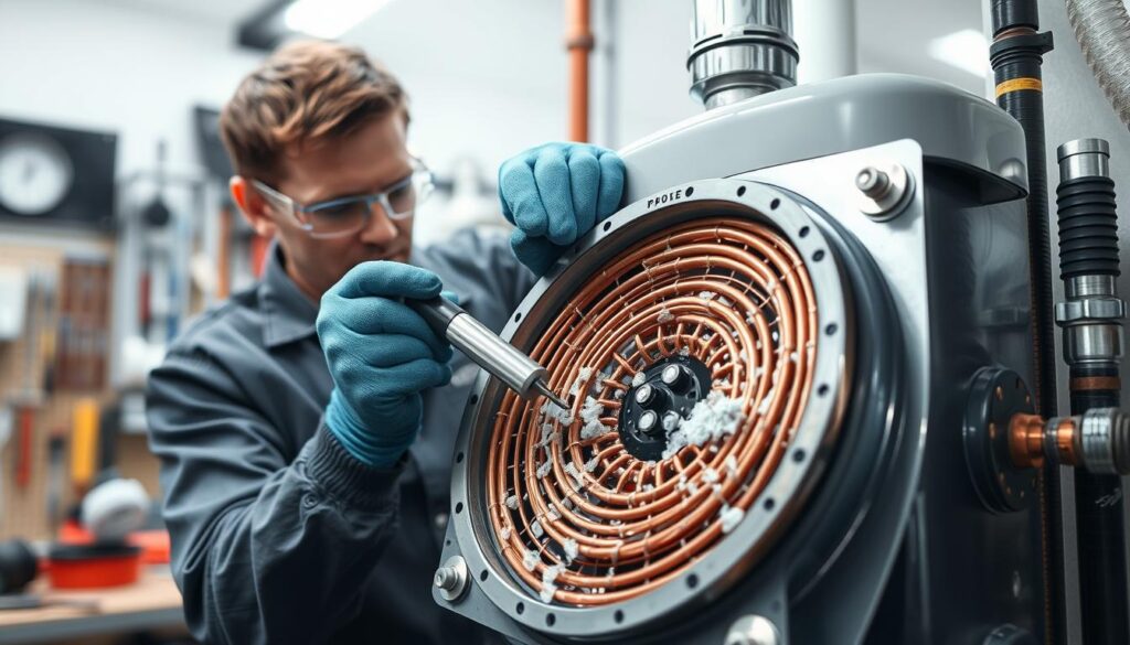 A detailed step-by-step depiction of a person descaling the heat exchanger of a combi boiler. The image shows a technician in a well-lit workshop, wearing safety goggles and gloves, using a descaling tool to carefully remove mineral deposits from the intricate copper coils of the heat exchanger. The background is clean and organized, with various tools and spare parts visible, conveying a professional, methodical approach to the task. The image should capture the technical nature of the process while also emphasizing the importance of proper maintenance for the efficient and safe operation of the combi boiler.