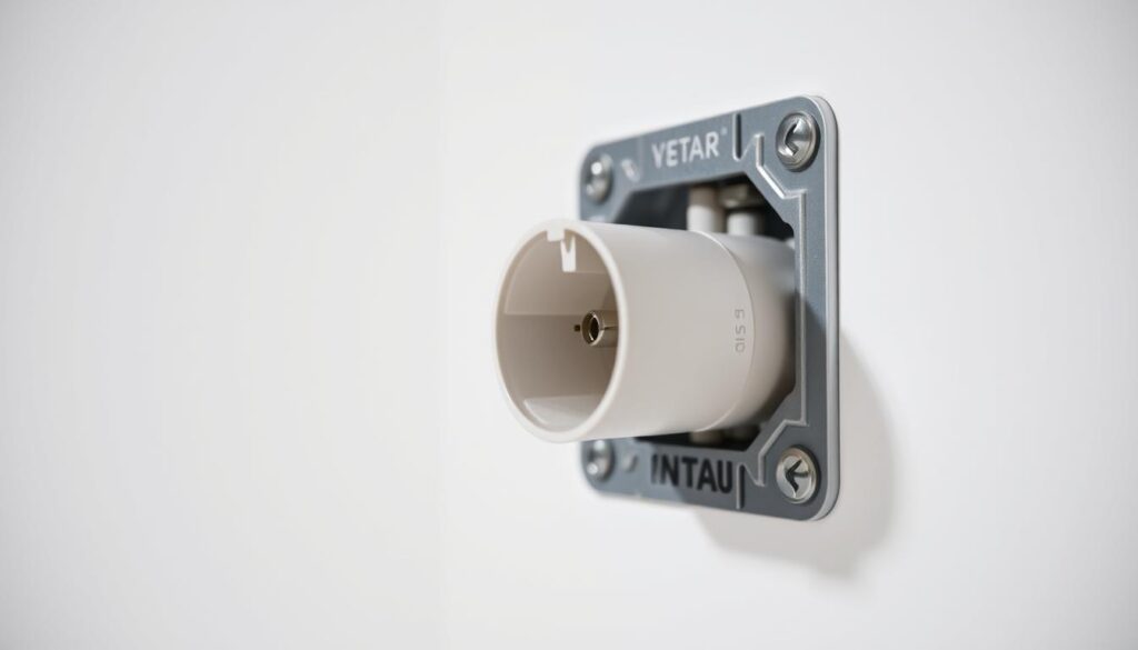 A detailed, technical close-up view of a spur socket installation, showcased against a clean, white background. The socket is positioned in the foreground, with a crisp, well-lit perspective that highlights its intricate components and wiring connections. The lighting is soft and diffused, casting subtle shadows that accentuate the texture and depth of the materials. The angle is slightly elevated, providing a clear, unobstructed view of the socket's internals and installation process. The overall mood is one of precision, functionality, and a focus on the technical details that are essential for understanding the spur socket's role in the wiring system.