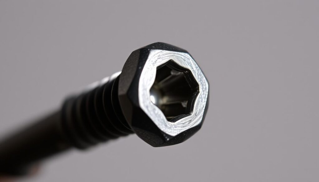 A detailed, technical close-up view of a torx screw head, showcasing its distinctive star-shaped design and sharp, precise edges. The screw is illuminated from the side, casting subtle shadows that accentuate its intricate geometry. The background is a muted, neutral color, allowing the screw to be the sole focus of the image. The lighting is crisp and directional, creating a sense of depth and dimensionality. The camera angle is slightly elevated, providing a clear, unobstructed view of the screw's top surface and profile. The overall mood is one of precision, functionality, and mechanical elegance.