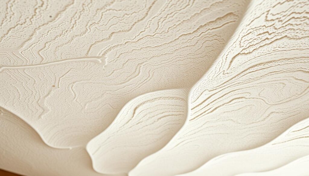 A detailed, textured close-up view of an Artex ceiling, showcasing its intricate, undulating patterns and subtle imperfections. The ceiling is evenly lit from above, creating a sense of depth and dimension, with soft, diffused lighting that highlights the unique texture and character of the Artex material. The image captures the ceiling in a neutral, natural color palette, emphasizing the architectural and decorative qualities of this classic design element. The camera angle is positioned slightly below the ceiling, providing a perspective that allows the viewer to fully appreciate the unique characteristics of the Artex surface.