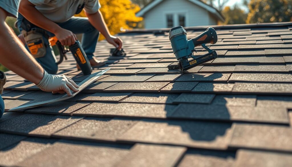 A detailed view of a professional roofing process unfolding on a residential home. In the foreground, workers carefully measure and cut shingles, their skilled hands expertly manipulating the materials. In the middle ground, a worker secures the new shingles to the roof, using a pneumatic nail gun to ensure a secure and weatherproof installation. The background showcases the partially completed roof, with sunlight casting warm, golden tones across the freshly laid shingles. The scene conveys a sense of diligence, expertise, and the seamless coordination required to execute a high-quality roof repair. The overall atmosphere is one of precision, efficiency, and a commitment to providing a durable, long-lasting roofing solution.