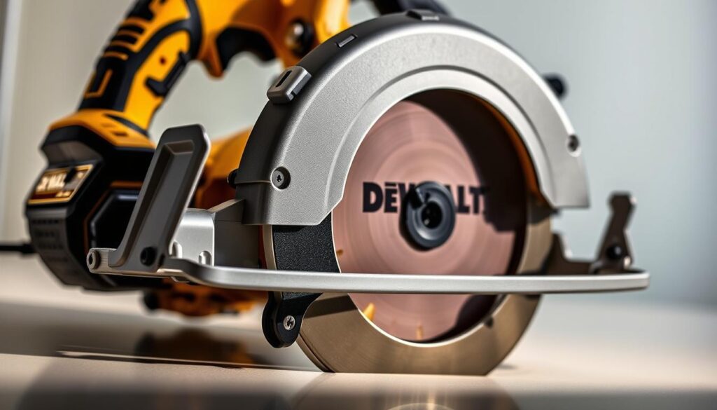 A detailed, well-lit, close-up photograph of the DeWalt DCS570 cordless circular saw, showcasing its ergonomic design. The saw is positioned on a clean, reflective surface, illuminated by soft, directional lighting that highlights the tool's sleek contours and textured grip. The frame captures the saw from an angle that emphasizes the comfortable handle, the compact body, and the blade guard, conveying a sense of balance, control, and user-friendliness. The background is slightly blurred, keeping the focus on the saw's ergonomic features and overall design aesthetic.