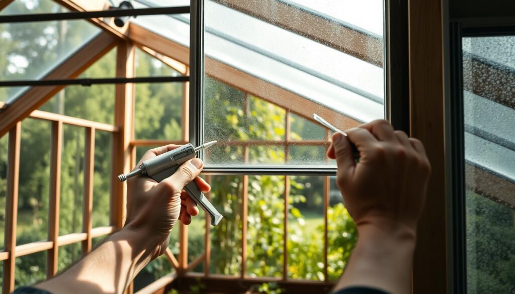 A detailed, well-lit view of a greenhouse interior during a sunny afternoon. In the foreground, a person's hands carefully installing a new pane of glass into the greenhouse frame, using a caulking gun and putty knife. The middle ground shows the existing greenhouse structure, with clean, angled wood beams and metal supports. The background features a lush, verdant garden visible through the glass panes, with soft, diffused natural lighting filtering in. The overall scene conveys a sense of care, precision, and the peaceful integration of the greenhouse structure into its natural surroundings.
