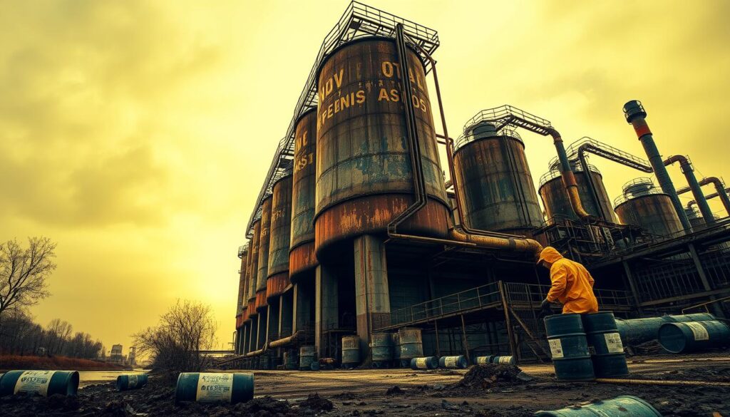A dilapidated industrial facility, its rusted tanks and pipes ominously leaking toxic waste into a contaminated river. In the foreground, a worker in a hazmat suit carefully handles barrels of hazardous materials, their protective gear underscoring the grave danger. The sky is a sickly shade of yellow, casting an eerie glow over the scene. The composition is tightly framed, emphasizing the claustrophobic and perilous nature of improper waste disposal. A wide-angle lens and low angle capture the towering, overbearing scale of the hazardous facility, warning of the grave consequences of irresponsible waste management.