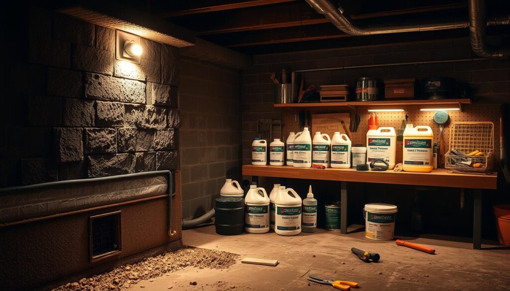 A dimly lit basement showcasing various waterproofing systems. In the foreground, a detailed cross-section of a wall with a damp-proof membrane, drainage channels, and a sump pump. In the middle ground, different types of basement waterproofing products are neatly arranged, including sealants, coatings, and cementitious solutions. The background features a well-organized tool bench with waterproofing tools and equipment. Soft, warm lighting illuminates the scene, creating a professional and informative atmosphere. The overall composition emphasizes the technical aspects of basement waterproofing, providing a comprehensive visual reference for the article's "Types of Basement Waterproofing Systems" section.