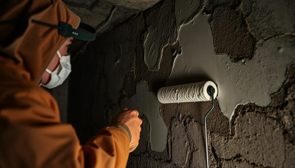 A dimly lit cellar interior, the walls covered in damp patches. A person, dressed in protective gear, carefully applies a thick, viscous damp-proof paint to the affected areas using a roller. The paint spreads evenly, filling in the cracks and crevices. Droplets of moisture glisten on the surface as the paint seeps into the porous masonry. Soft, directional lighting casts shadows, highlighting the textured finish. The atmosphere is tense, with a sense of purpose and determination to address the persistent damp issue. The camera angle is slightly low, emphasizing the scale of the task at hand.