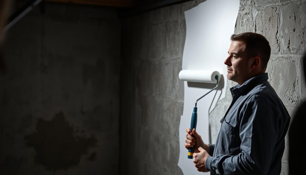 A dimly lit cellar interior, the walls covered in damp-stained concrete. A worker stands before them, roller in hand, applying a thick, opaque coat of damp-proof paint. The paint glides smoothly across the surface, sealing in the moisture and creating a barrier against future damp. Soft, indirect lighting illuminates the scene, casting shadows that accentuate the texture of the walls. The worker's focused expression conveys the importance of the task, ensuring a thorough and professional application of the protective coating. The background is blurred, keeping the attention on the application process in the foreground.