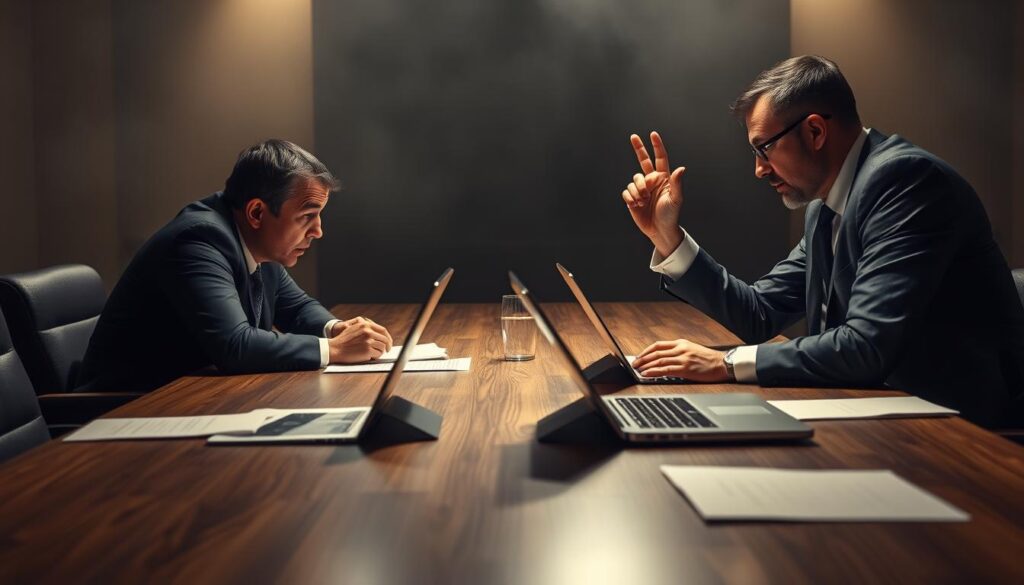 A dimly lit conference room, its wooden table set with laptops, papers, and the serious expressions of negotiators. In the foreground, two men, one leaning forward intently, the other with a hand raised in emphasis, their body language charged with tension. The background is a hazy, muted palette, drawing focus to the intense negotiation at hand. Dramatic lighting casts dramatic shadows, heightening the sense of high stakes. The overall mood is one of strategic maneuvering, with each party vying for the upper hand through persuasive tactics and careful consideration of every word and gesture.