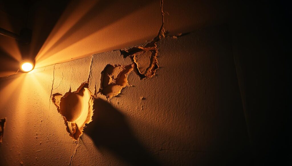 A dimly lit construction site, a section of damaged drywall with a prominent bulge and visible seam. The surface is marked by cracks, holes, and uneven textures, creating a weathered, worn-out appearance. Rays of warm, directional lighting from a nearby worklight cast dramatic shadows, accentuating the imperfections. The background is blurred, hinting at a workspace filled with tools and building materials, conveying a sense of ongoing repair work. The overall mood is one of careful examination, as if the viewer is about to embark on the process of restoring the damaged drywall.